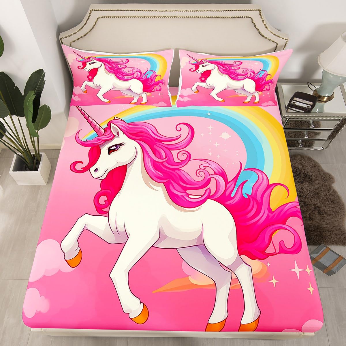 Homewish Drap Housse 150x200 Enfant Licorne Rose Vif, Drap-Housse Ado Fille Arc-en-Ciel Boho, Drap de Lit Princesse Licorne Mignonne, Housse de Matelas Étoiles Colorée avec 2 Taies d'oreiller