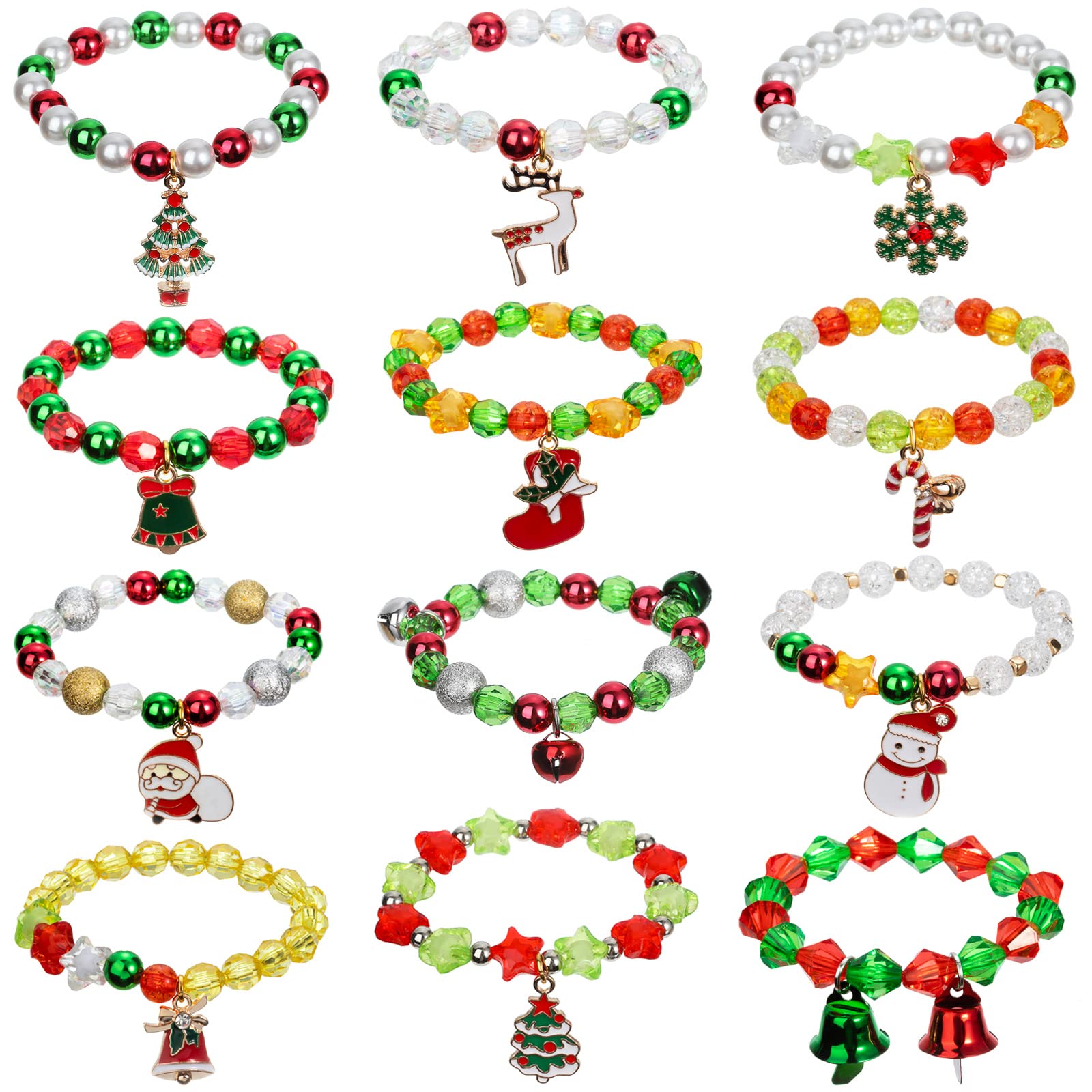 Spiritlele 12 Pieces Christmas Bracelets Santa Claus Deer Tree Bell Charm Bracelets Costume Beaded Strand Stretch Bracelet Wristband Set for Girls