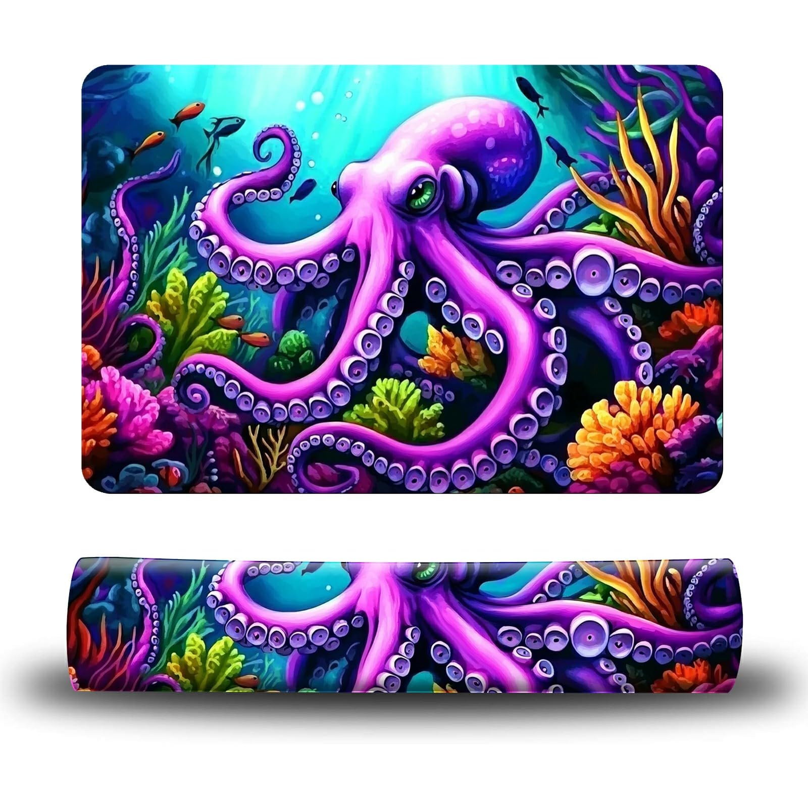 Dikoer Dog Food Mat, 15.7" x 23.6" Absorbent Pet Feeding Mat for Food and Water, Waterproof Diatom Mud Pet Placemat with Non-Slip Rubber Backing, Easy Clean Cat Bowl Mat for Floors - Purple Octopus