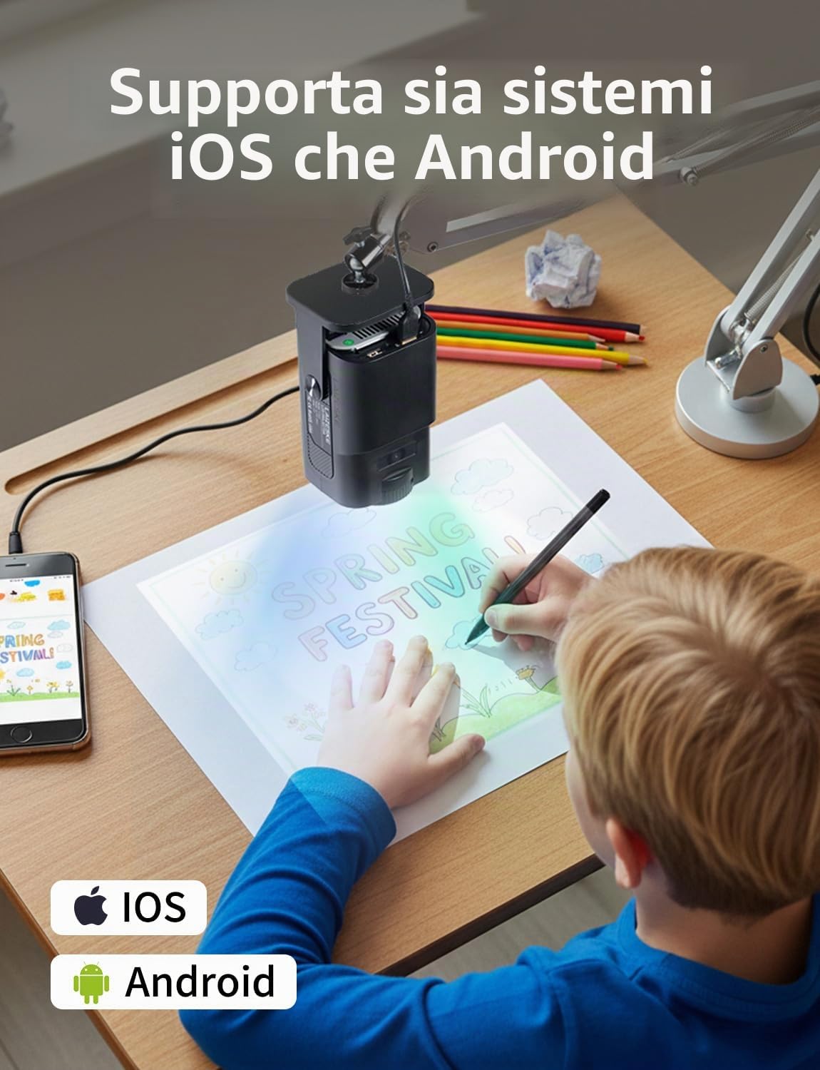 LAIZESKE HY520 Proiettore da disegno,Proiettore smart portatile da 720p per artisti,200 ANSI lumen con Wi-Fi e Bluetooth