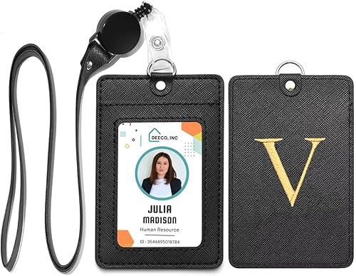 Miniatura 8 de Portatarjetas con inicial con cordón retráctil ajustable, letra bordada de piel sintética con ventana de identificación transparente para empleados,