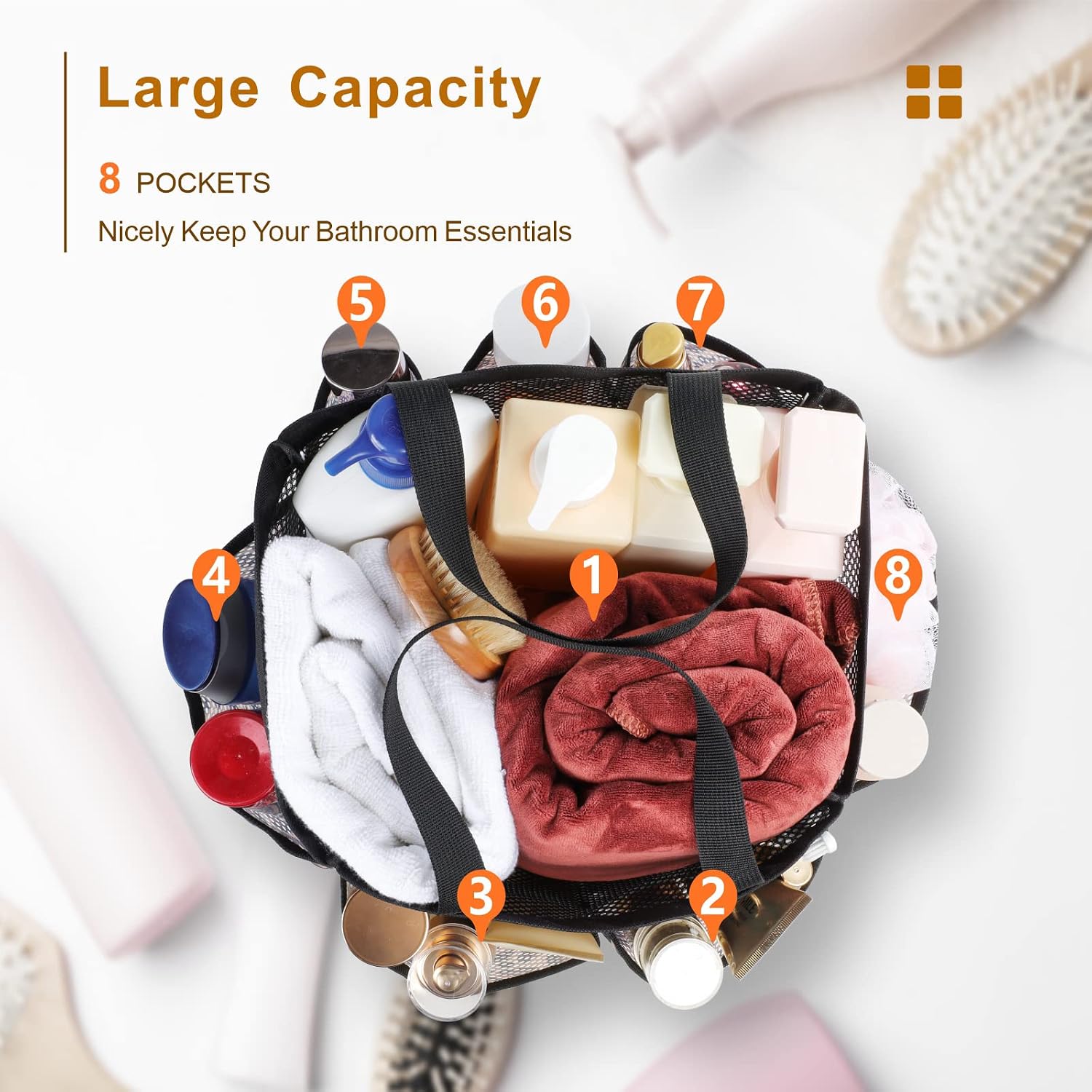 Mesh Shower Caddy Portable - 8 Pockets, S-Hook, Shower Bag for Dorm Camping | 2-Handle, Quick-Dry, Hanging Toiletry Organizer, College Dorm Room Essentials for Girls, Gym, Travel & Bathroom, Leopard thumbnail