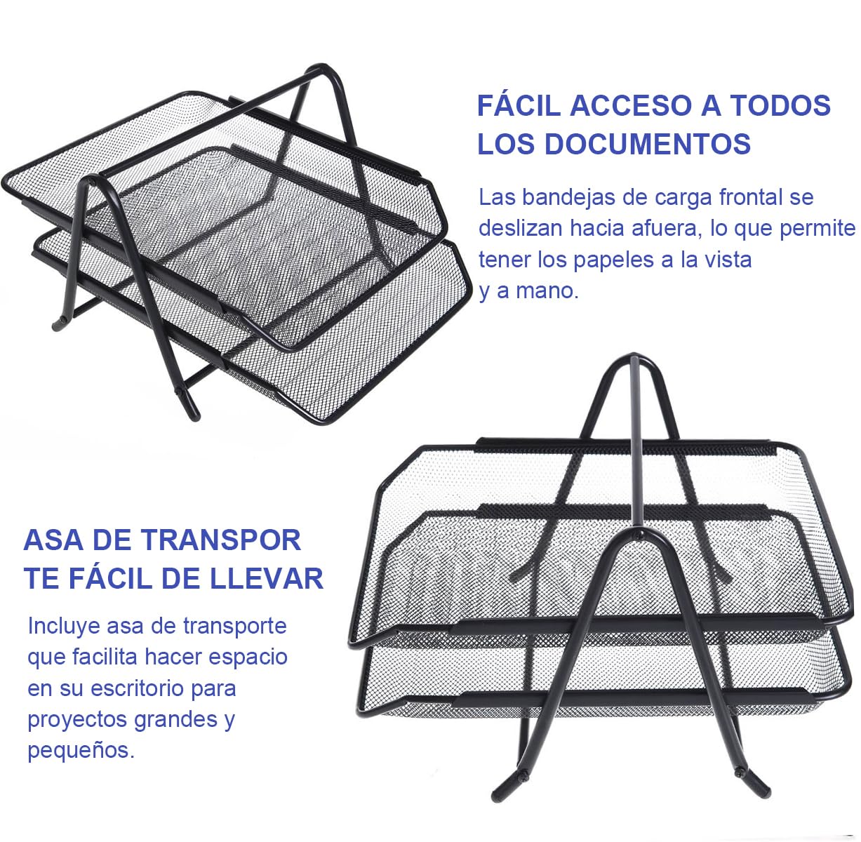 Organizador de Escritorio Malla Metálica 2 Bandejas Soporte Archivos A4 Estante Apilable 2 Niveles Negro