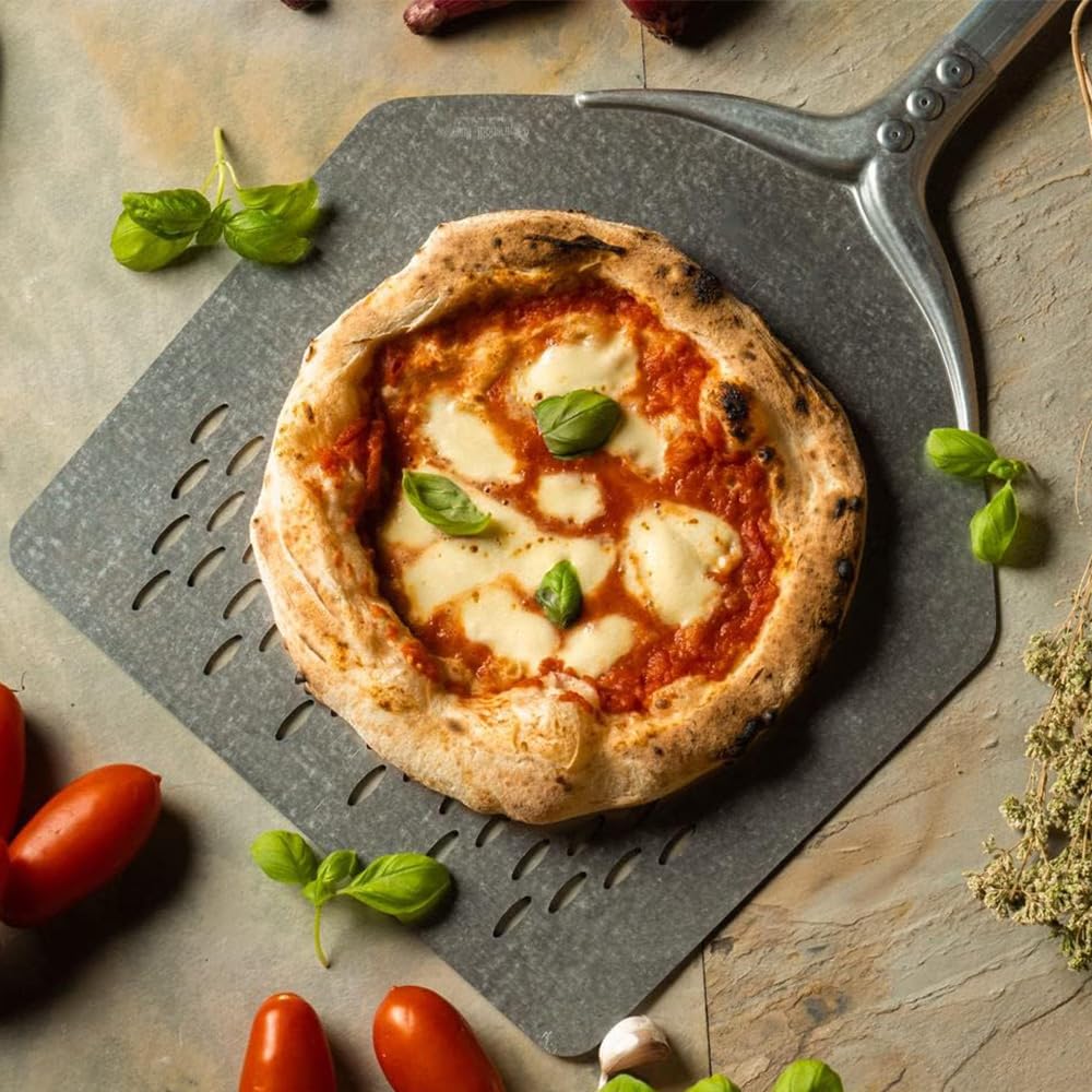 Pala per Pizza Professionale testa Quadrata Forata 30x30con Manico da 60 cm in Alluminio Anodizzato infornare forno a legna o elettrico pizzeria pizzaiolo
