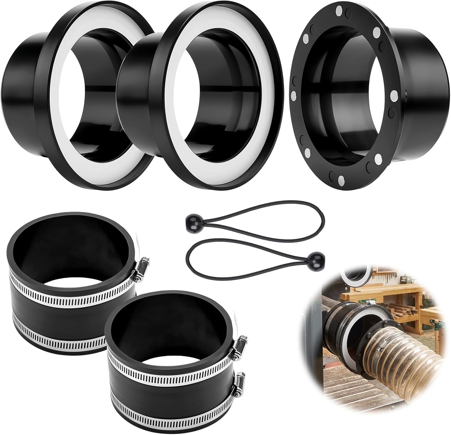 4 Inch Magnetic Dust Collection Kit with 1 Magnetic Connector, 2 Steel Port Receivers, 2 Rubber Hose Couplers, 2 Bungee Ball Cords, One to Multi System for Woodworking Shop Dust Collection