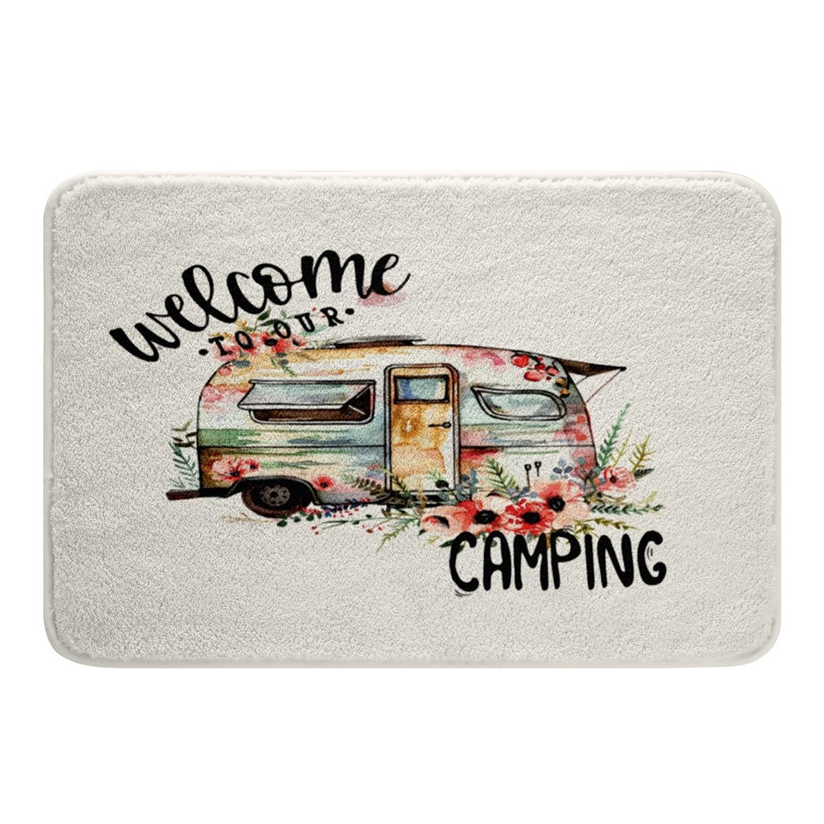 Feelyou Camper Van Bath Mats Kids Farmhouse Rustic Happy Camping Bathroom Rugs Women Men Camper Floral Decor Water Absorbent Bath Rugs Ultra Soft