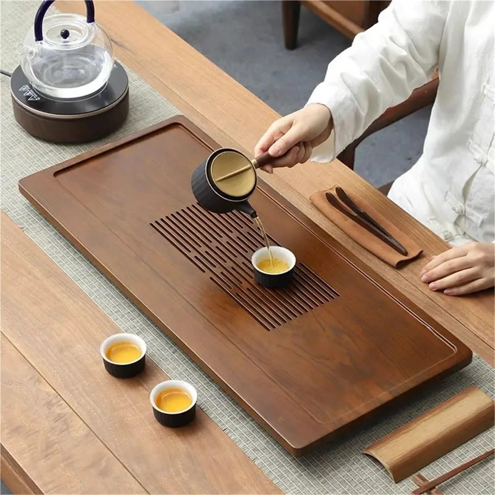 Vassoio da tè in bambù da 59 cm, per utensili da tè e caffè, con drenaggio e conservazione dell'acqua, per cerimonie del tè, perfetto per gli appassionati di tè e caffè
