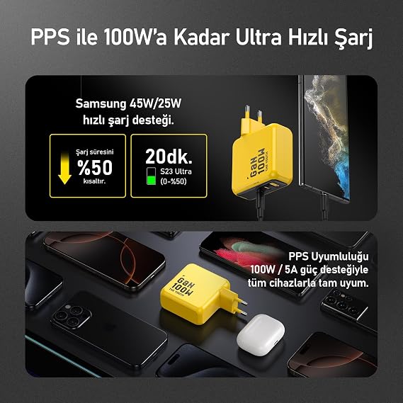 Aohi Youth 3 Portlu Şarj Adaptörü, 100W GaN Hızlı Şarj İstasyonu, Sarı