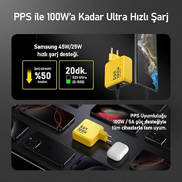 Aohi Youth 3 Portlu Şarj Adaptörü, 100W GaN Hızlı Şarj İstasyonu, Sarı