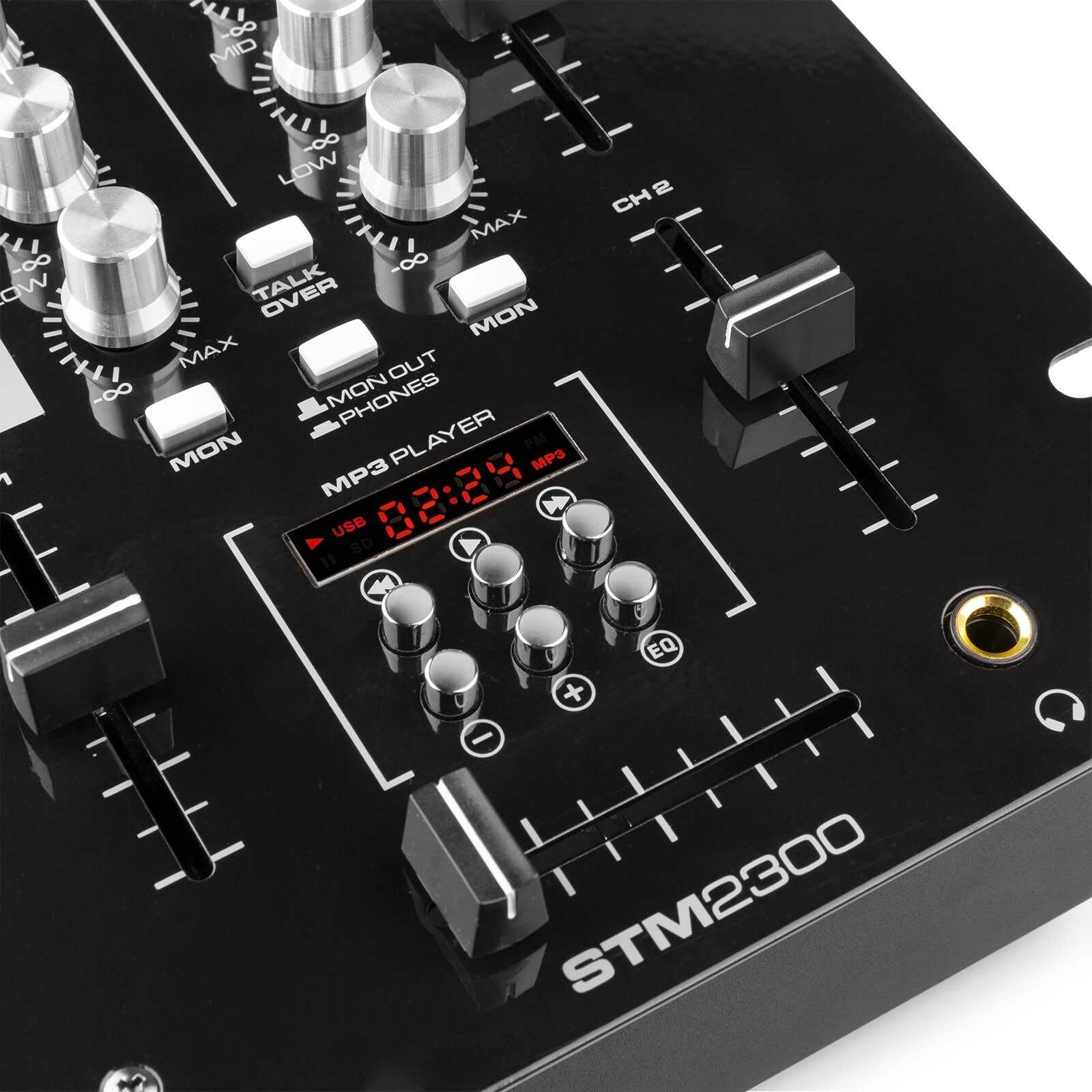 Vonyx STM-2300 Table de Mixage 2 Canaux - Entrée RCA Phono/Ligne Commutable, Sortie principale RCA et Sortie Casque, Egaliseur 3 Bandes sur les Canaux, Egaliseur 2 Bandes Mic, Idéal pour DJ Mobile