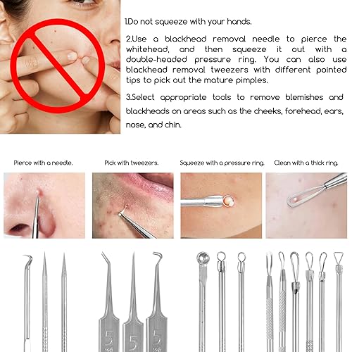 Miniatura 6 de 9 piezas de agujas de acero inoxidable para eliminar espinillas, pinzas de limpieza de acné, kit de herramientas para reventar espinillas con una