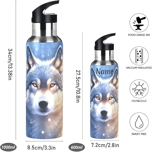 Miniatura 2 de Botella de agua personalizada Wolf para niños con nombre personalizado, termo aislado para niños y niñas, de acero inoxidable, con tapa de pajita