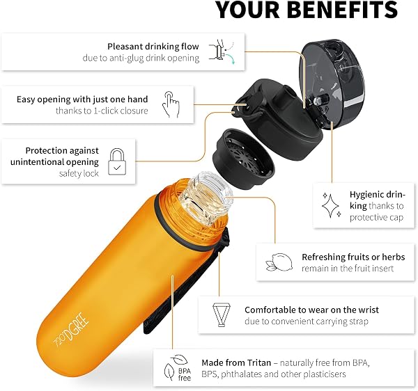 720°DGREE Gourde, Bouteille d’Eau “uberBottle“ +Tamis-Fruits – 350ml, 500ml, 650ml, 1l, 1,5l, 2l - Sans BPA, Étanche, Anti-Fuite, Réutilisable, Légère - Idéal pour École, Sport, Fitness, Gym, Travail - 2