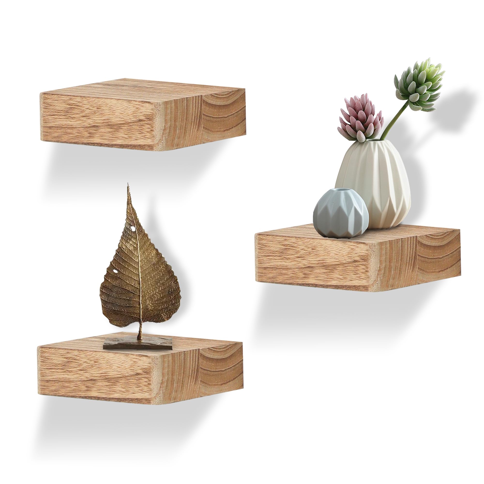 NIUBEST Small Floating Shelf,Set of 3 Display Ledges for Wall,Mini Shelves,Rustic Wood Shelf for Bedroom Living Room Bathroom Kitchen (6 Inch, Carbonized Black)