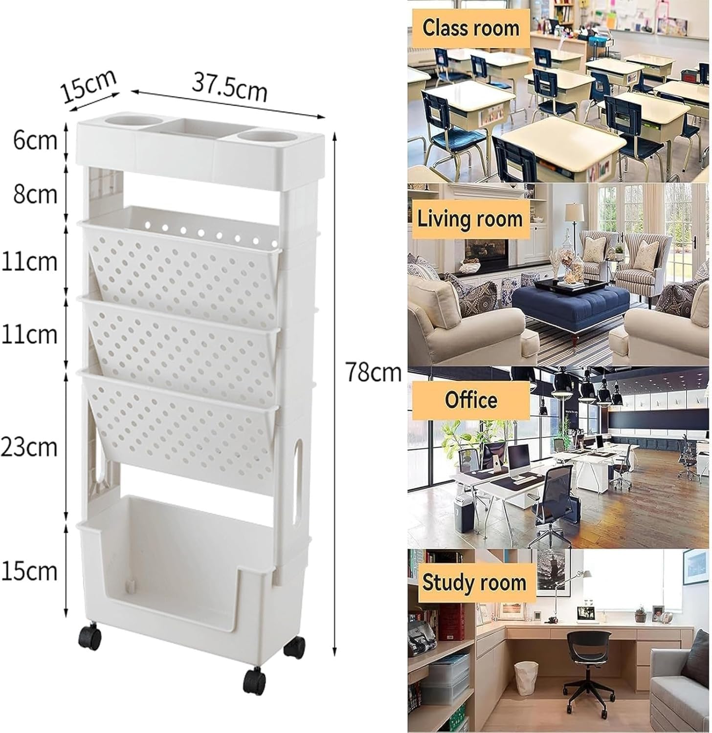 Étagère de Bureau Mobile Chariot de Bibliothèque,à 5 Niveaux,avec roulettes,Organiseur Porte-revues,Chariot de Rangement Fin,pour la Maison,Cuisineet l'école,Enfants(Yellow)