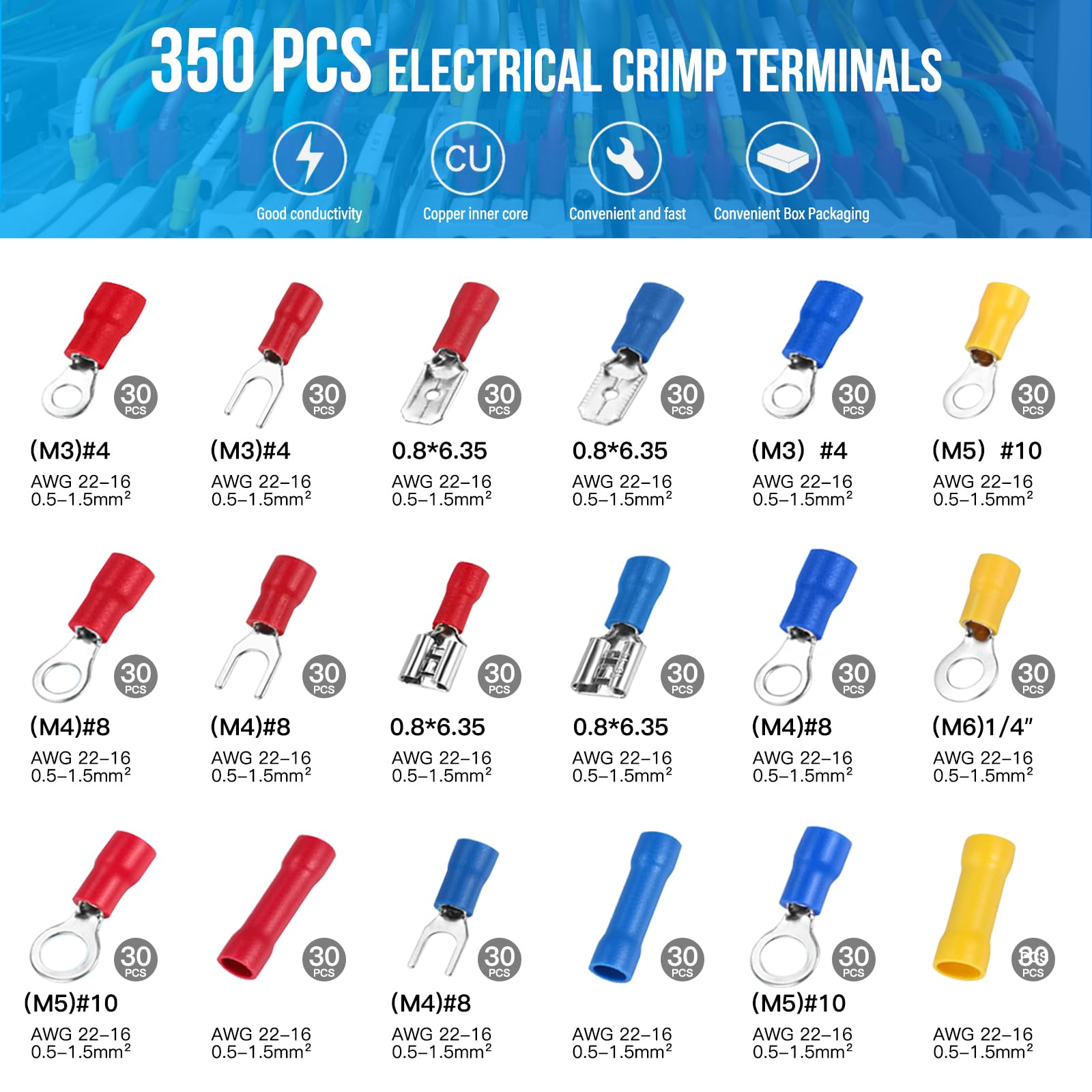 Juego de pinzas para engarzar cables,Set Alicates Terminales Electricos,Crimpadora Terminales electricos,Alicates de Terminales con 18 tipos 350PCS 0.5-6 mm² Conectores De Crimpado Aislados