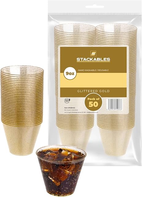 STACKABLES ~ Pack of 50 9oz Gold Glittered Plastic Cups ~ Clear Tumbler with Gold Glitter ~ Reusable Elegant Party Cup Set