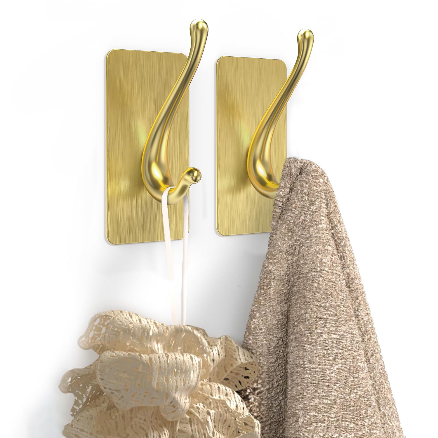 JCHOUS Towel Hooks, Solid Alloy Adhesive Wall Hooks for Hanging, Towel Hooks for Bathroom, RV, Kitchen, Closets, etc (Gold, 2 Pack)