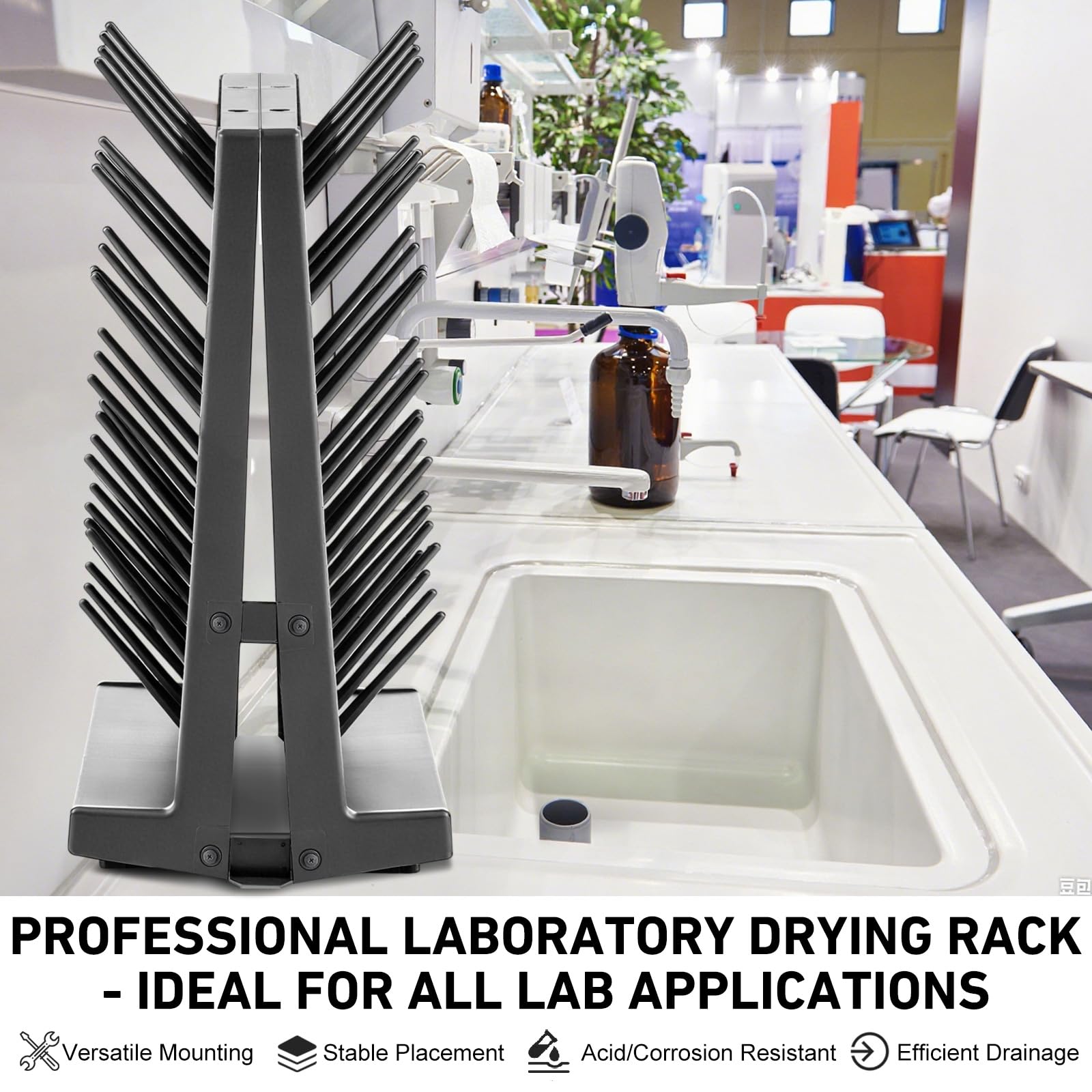Pushglossy 1 estante de secado de laboratorio de doble cara, 54 clavijas, para montaje en pared, cristalería de laboratorio, tubo de ensayo, equipo de limpieza, desmontable