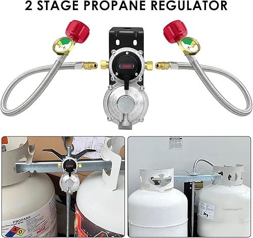 Miniatura 7 de Regulador de gas propano LP de cambio automático de 2 etapas para RV con dos mangueras trenzadas de acero inoxidable de propano de 18 pulgadas con