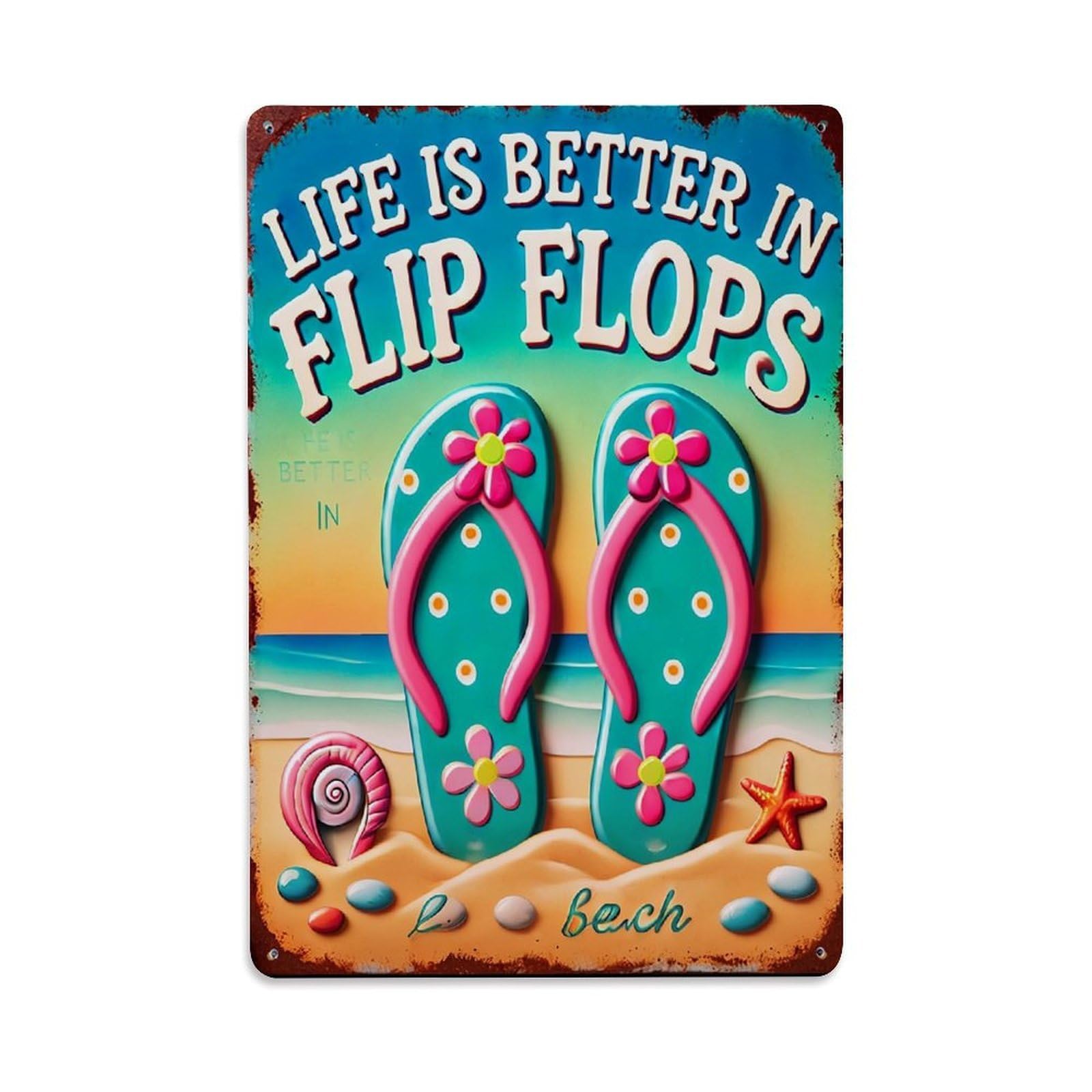 Flip Flops Beach Flowers Seashell Starfish Retro Metal Tin Sign, Vintage Decor Art Poster for Bar, Home, Man Cave, Kitchen, Laundry Room Gift 8x12Inch