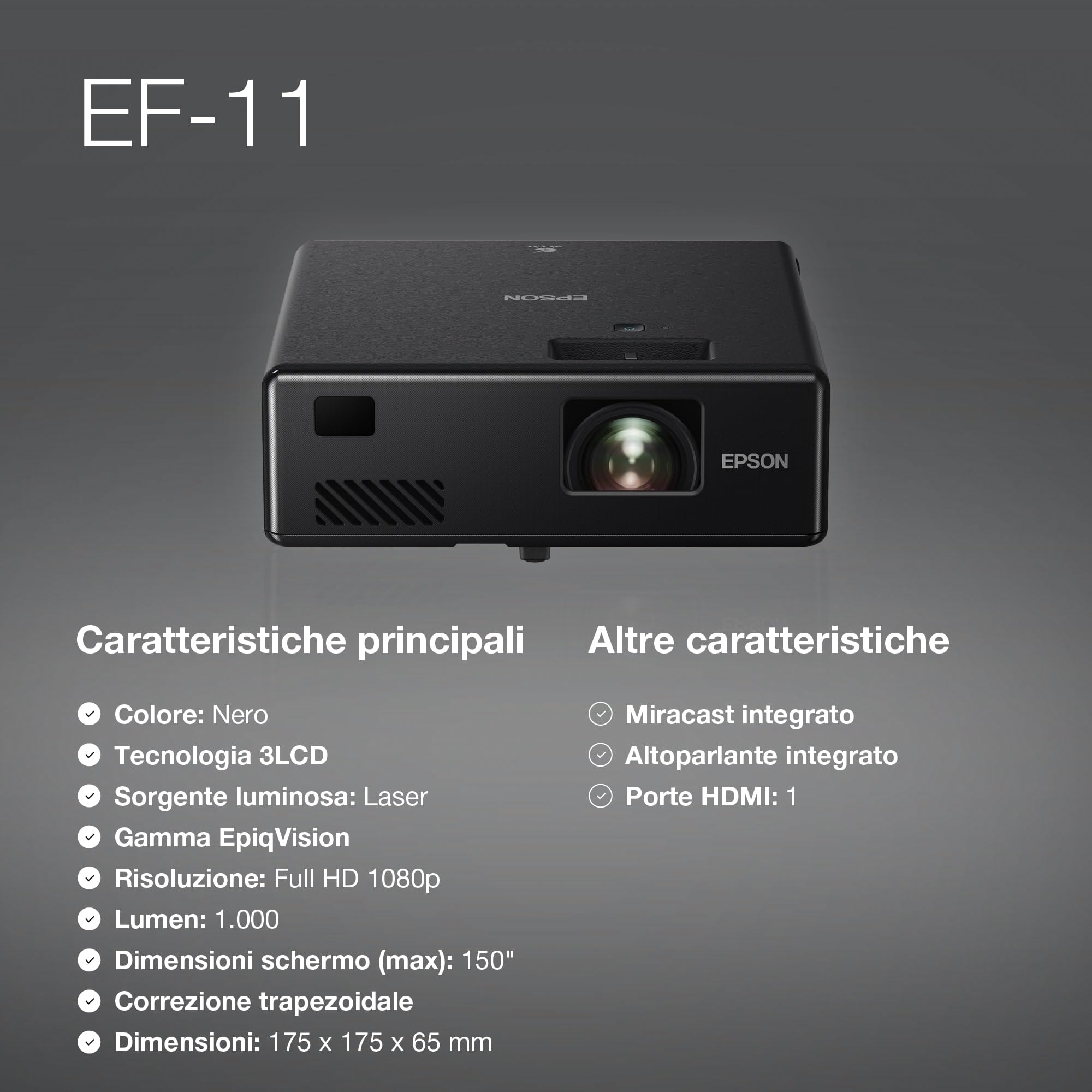 Epson EF-11 EpiqVision Videoproiettore 3 LCD, Full HD 1080 P, 1920 x 1080, 16:9, Wifi Miracast, Luminosità 1.000 Lumen, Contrasto 2.500.000:1, Plug-and-Play portatile