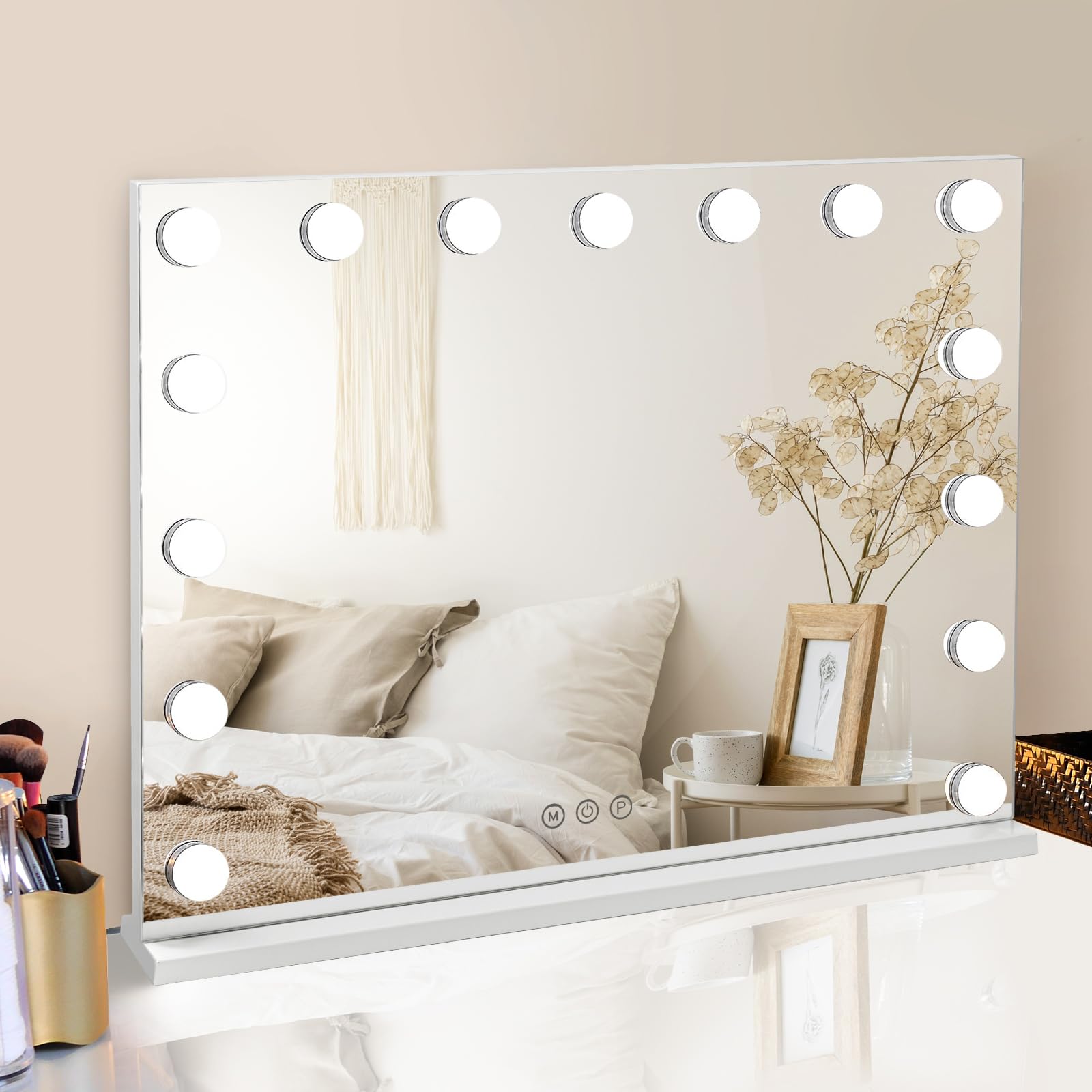 Hollywood Vanity Mirror With Lights - 22.8x18.2 Inch, 15 Dimmable LEDs, 3 Colors, 10X Magnifying, USB Port, Wall Mountable