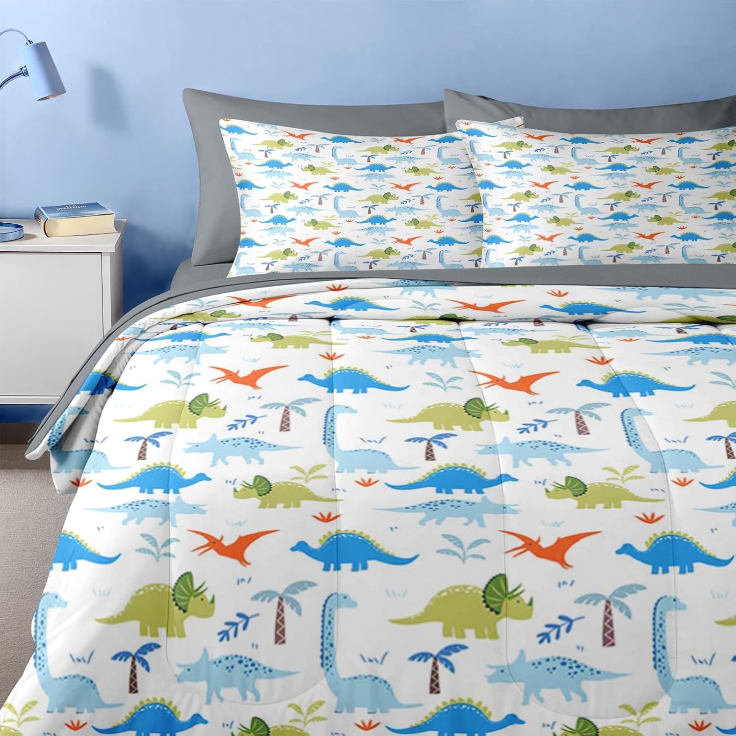 Nesker Comforter Set Full Size, Dinosaur 7 Pcs Bedding for Kids Teens, Wildlife Dino with Fitted Sheet 2 Pillowcases & 2 Shams for Bedroom Bed Decor - Image 5