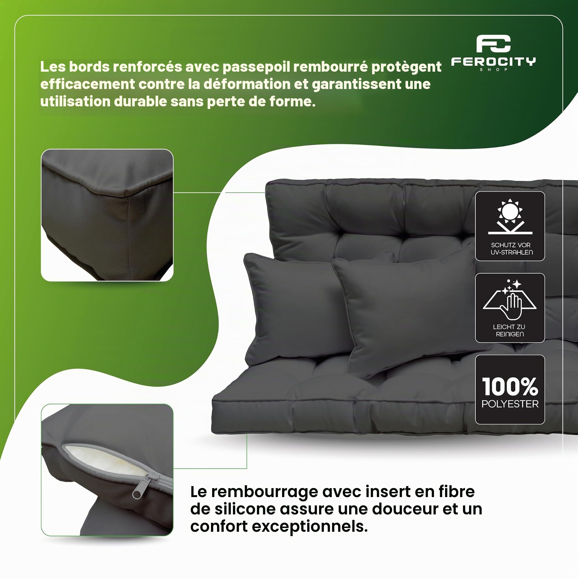 Ferocity Coussin de balancelle de Jardin 150x50x10 cm Ensemble - 3 Places: Matelas d’Assise et de Dossier – Coussins de mobilier Extérieure pour bancs de Jardin, Palette Europe – Couleur: Vert [133]