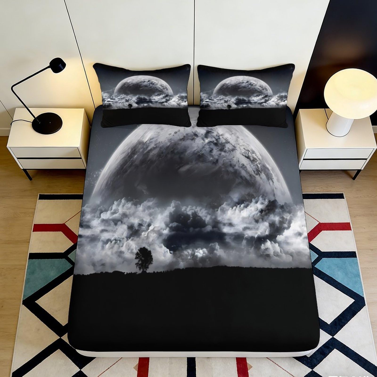 3D Printed Moon Cloud Landscape Fitted Sheet Microfiber Soft Dark Sky Tree Mattress Cover Bedroom Decor 180x200x25cm