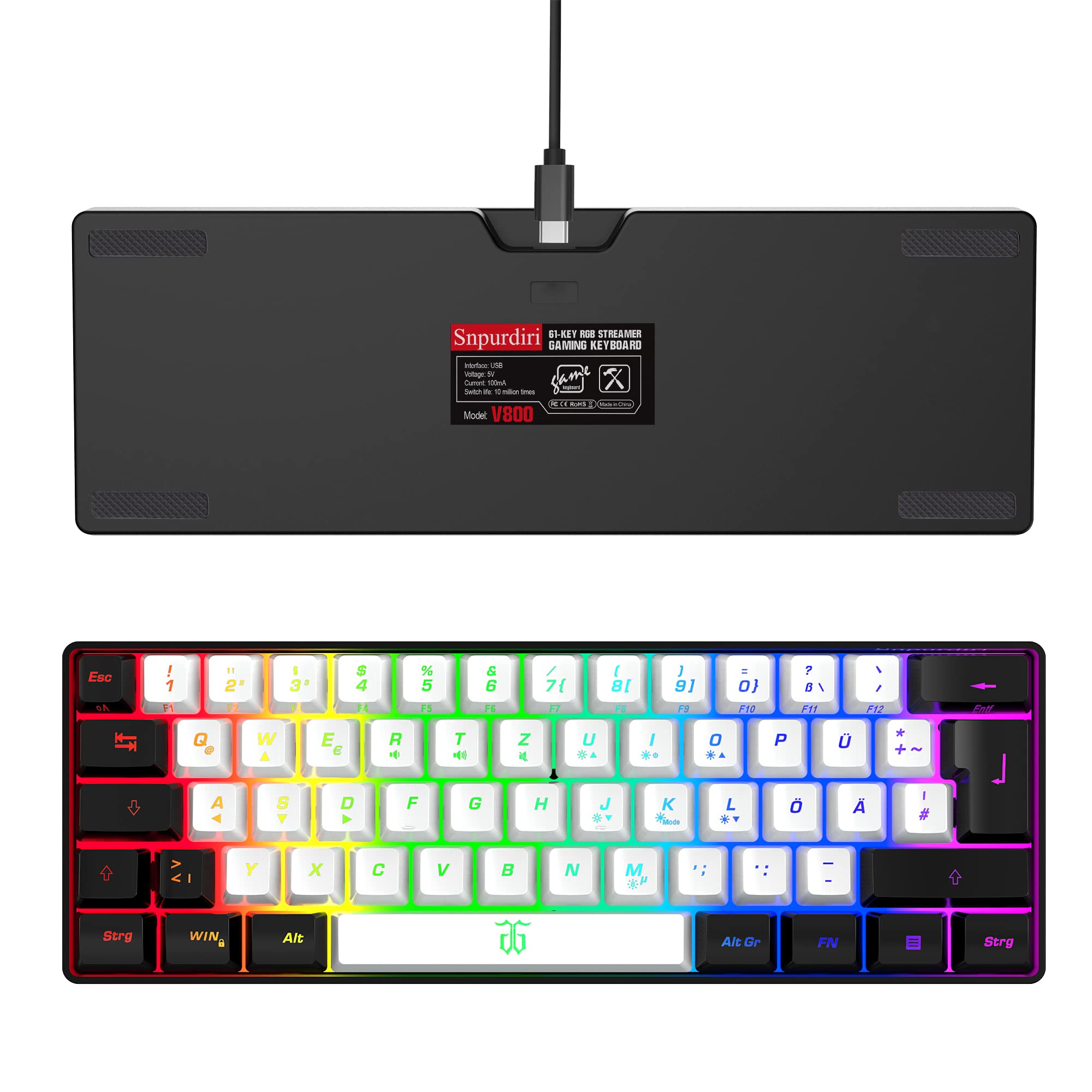 Snpurdiri 60% Tastiera da Gaming Cablata, Mini Piccola, Tastiera Compatta RGB Portatile per PC, Mac, Ufficio, Gaming (61 Tasti, Alfabeto Tedesco, Nero e Bianco)