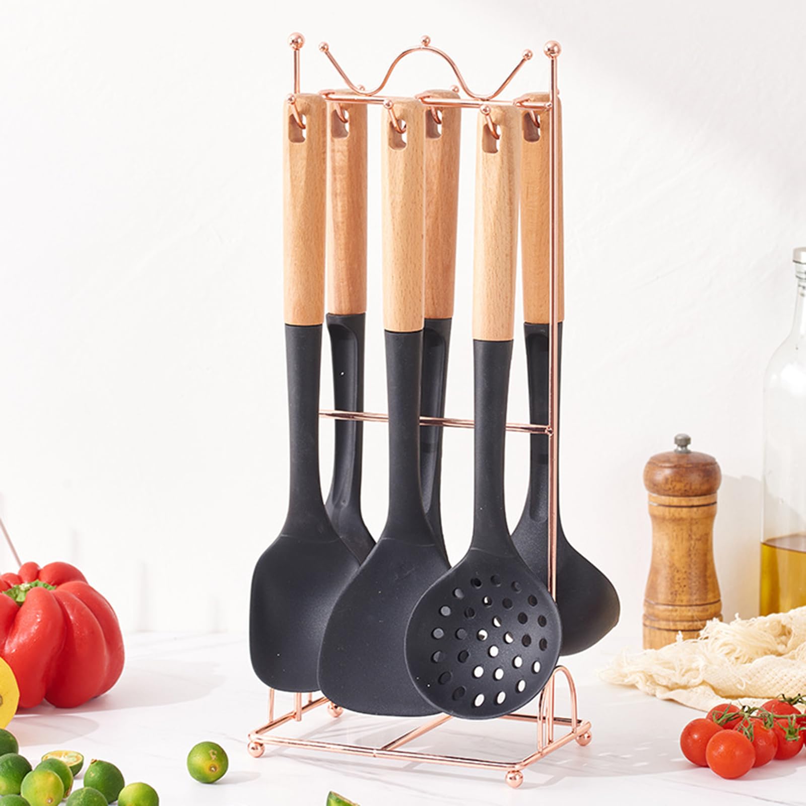 GTHTUHFD Silicone Of 7 With Holder Kitchen Utensils Set Silicone Cooking Utensils Set With Wooden Handles Kitchen Gadgets Spatula Set For Nonstick Cookware Frying Flipping Draini
