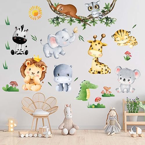 Calcomanías de pared de animales de bebé de la selva, elefante, león, tigre, jirafa, calcomanías de pared, guardería, habitación de niños,