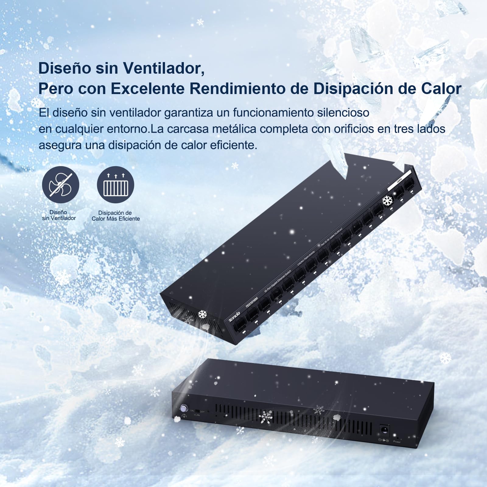 Tenda TEG1016M Switch Ethernet Gigabit, 16 Puerto 10/100/1000Mbps, Una Clave Vlan,Protección contra Rayos, Escritorio o de Montaje en Pared, Plug & Play, No Requiere Configuración, Silencio, Metal