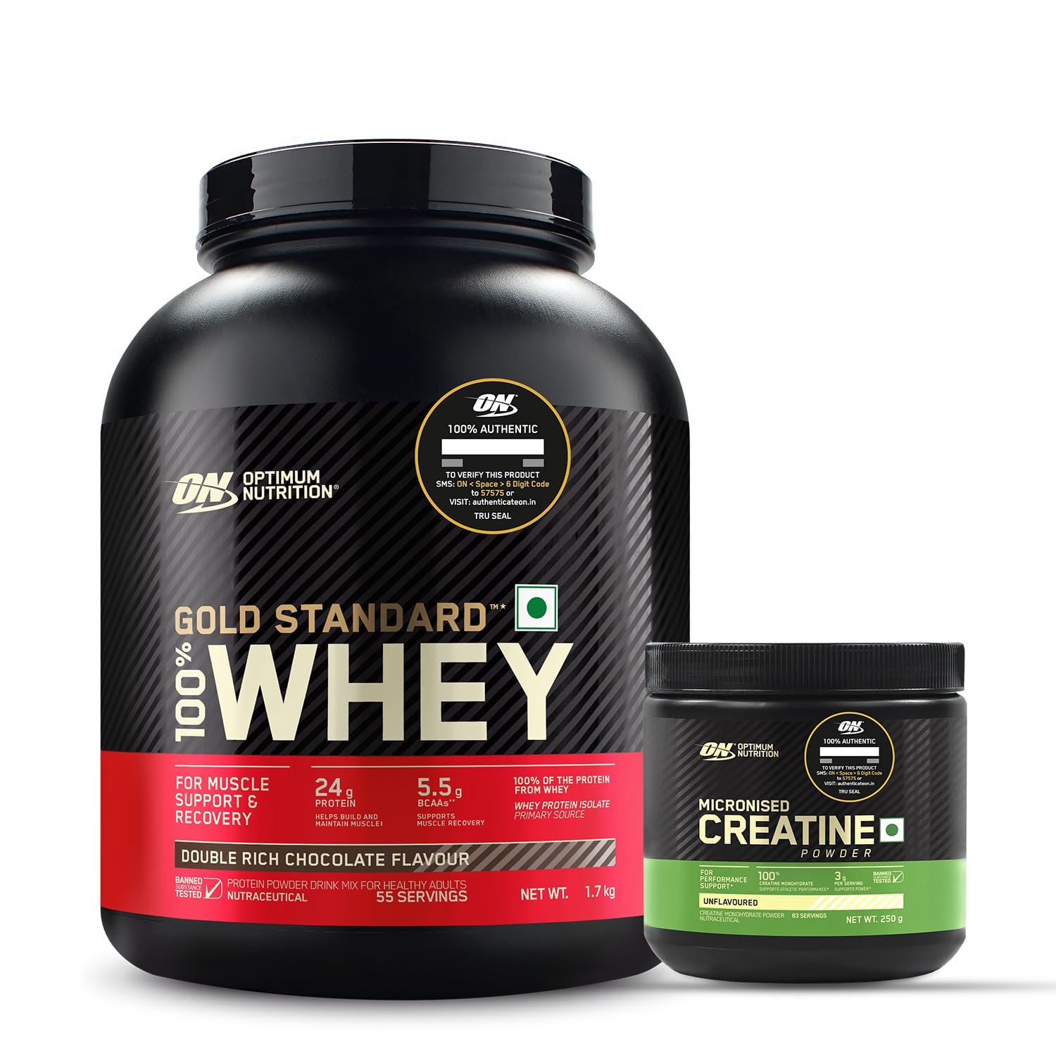 OPTIMUM NUTRITION (ON) Gold Standard 100% Whey Protein Powder 5 Lb, 2.27 Kg (Double Rich Chocolate) And Micronized Creatine Powder - 250 Gram, 83 Serves, (Unflavored) COMBO, 2520 Gram, 1 Scoop