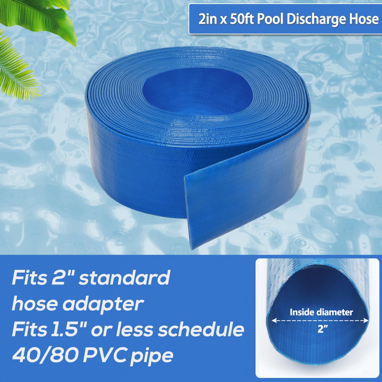 Tubo flessibile di risucchio per piscina in PVC resistente, 5 cm x 50 m, tubo di scarico rinforzato con morsetto per piscine, blu