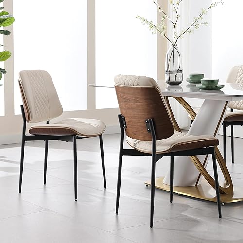 Miniatura 4 de BV - Juego de 2 sillas de comedor, sillas de cocina sin brazos de piel sintética en estilo moderno de nogal, silla auxiliar de madera curvada de