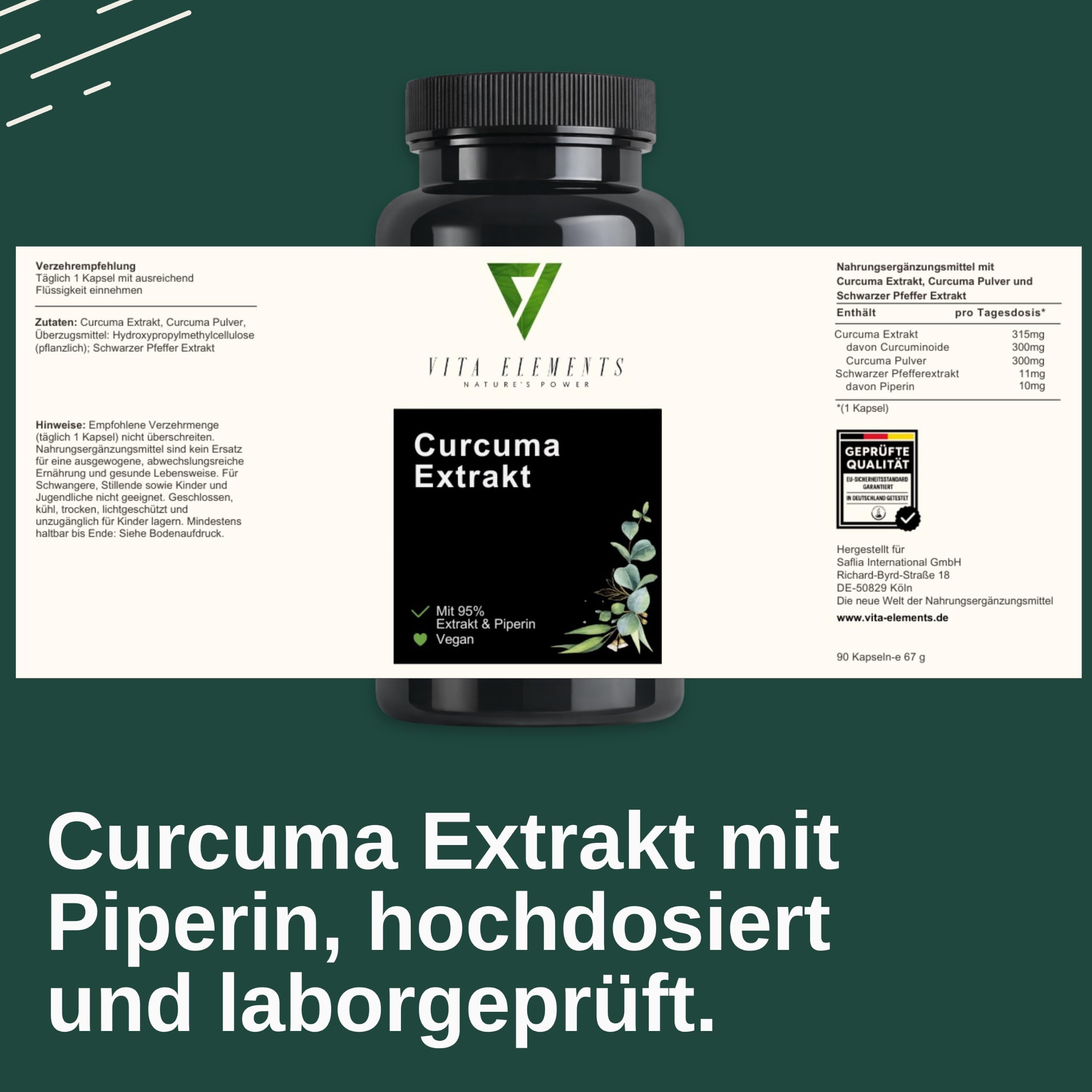 Vita Elements Extrait de Curcuma - 95% de Curcuminoïdes - 90 Gélules - Avec Curcuma Bio en Poudre & Pipérine - 3 Mois de Stock - Haute Concentration, Vegan & Testé en Laboratoire (3)
