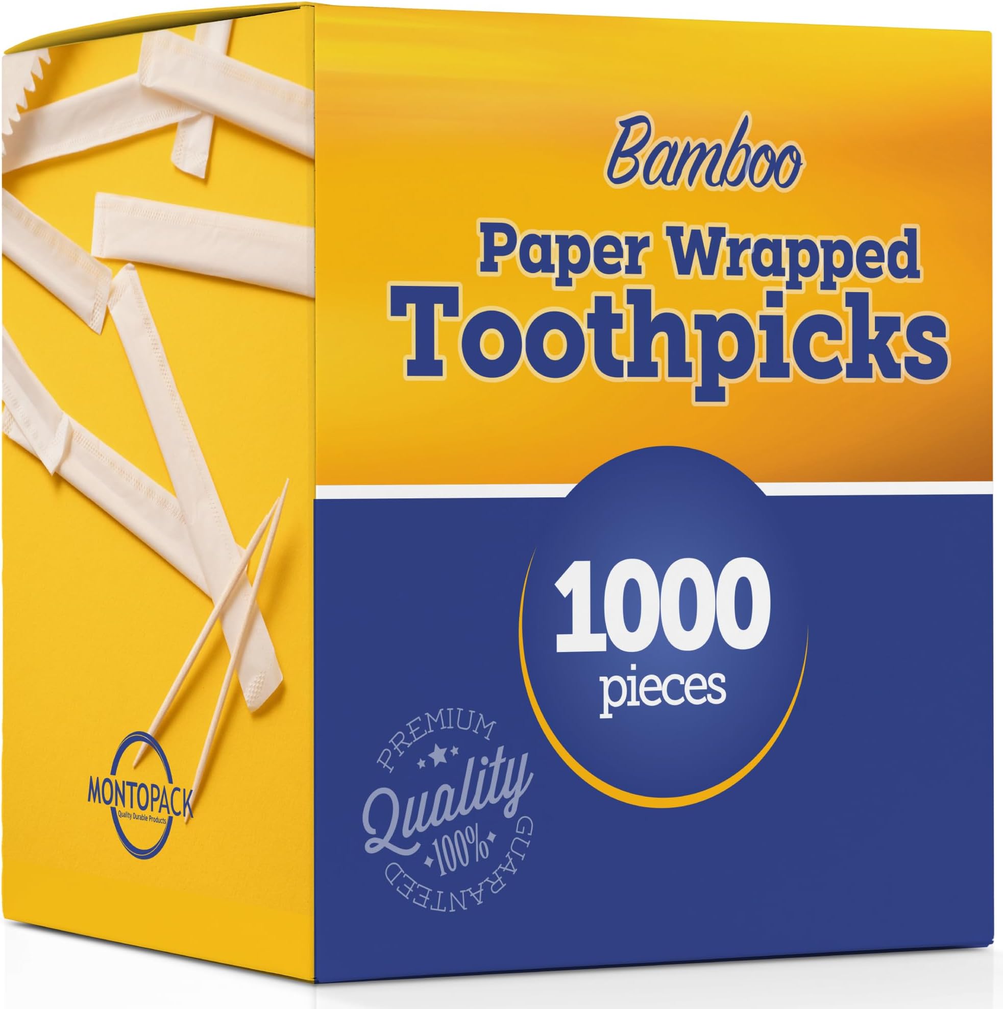 Montopack Individually Paper Wrapped Toothpicks | Eco-Friendly Bulk Pack of 1000 Wooden Food Safe Fruit Pick for Appetizers Cocktail Barbecue & Party | Double Pointed Tooth Picks for Teeth Cleaning