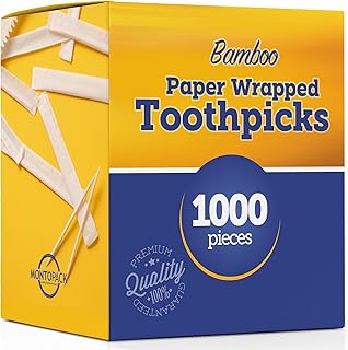 Montopack Individually Paper Wrapped Toothpicks | Eco-Friendly Bulk Pack of 1000 Wooden Food Safe Fruit Pick for Appetizers Cocktail Barbecue & Party | Double Pointed Tooth Picks for Teeth Cleaning