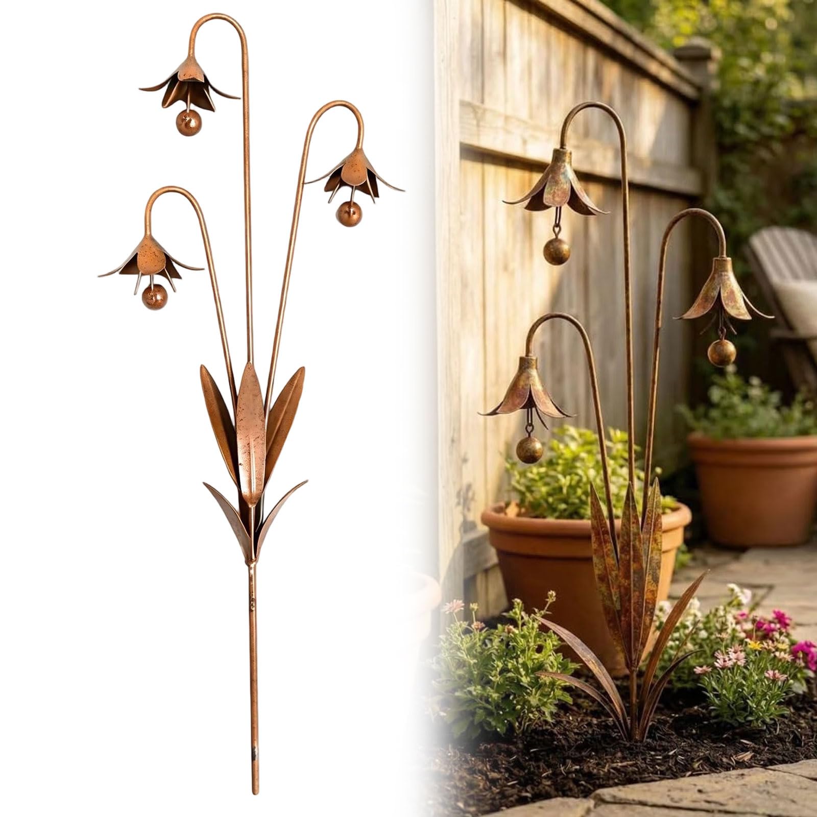 Triple Bluebells Garden Stake with Bell, Rustic Copper Metal Flower Yard Art, Weather Resistant Outdoor Lawn Ornament, Handmade Copper Garden Ornaments for Patio, Pathway, Flower Bed (A)