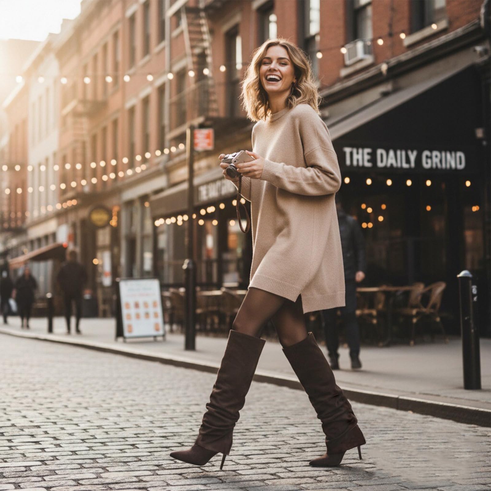 Women's Knee High Boots Fold Over High Heel Pointed Toe Black White Long Boots Women Dress Tall Boots for Women: 8.5 Brown-suede