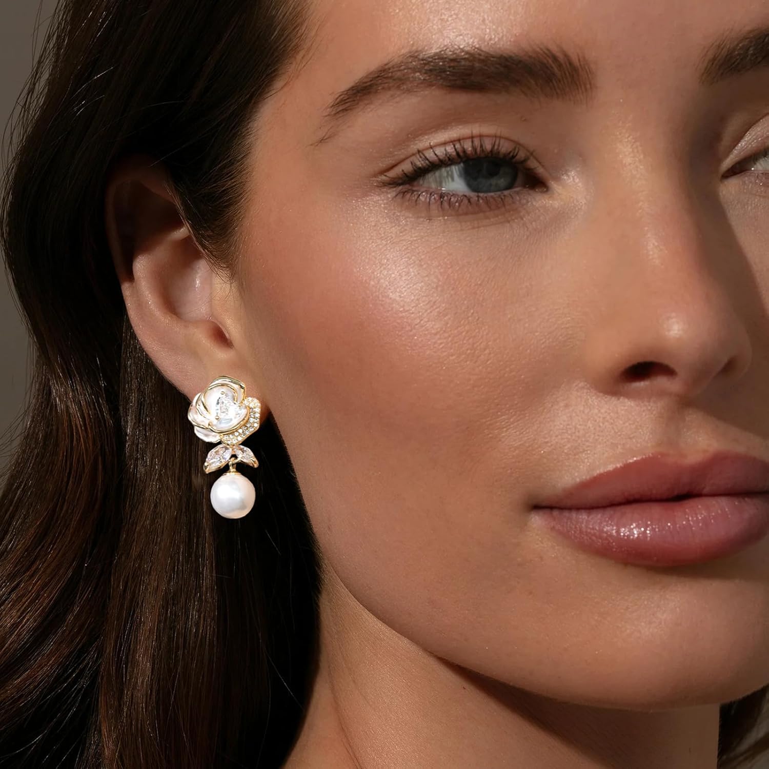 Elegant Pearl Flower Earrings for Women Cubic Zirconia Gold Floral Earrings Dangle Lightweight - Image 4