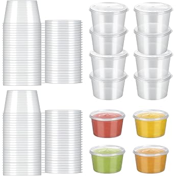 ZEFAN Pack of 100 Small Plastic Cups with Lids 4 oz Plastic Containers with Lids 100 ml Leak-Proof Small Plastic Containers Dressing Cups for Sauces Snacks Ketchup Salads