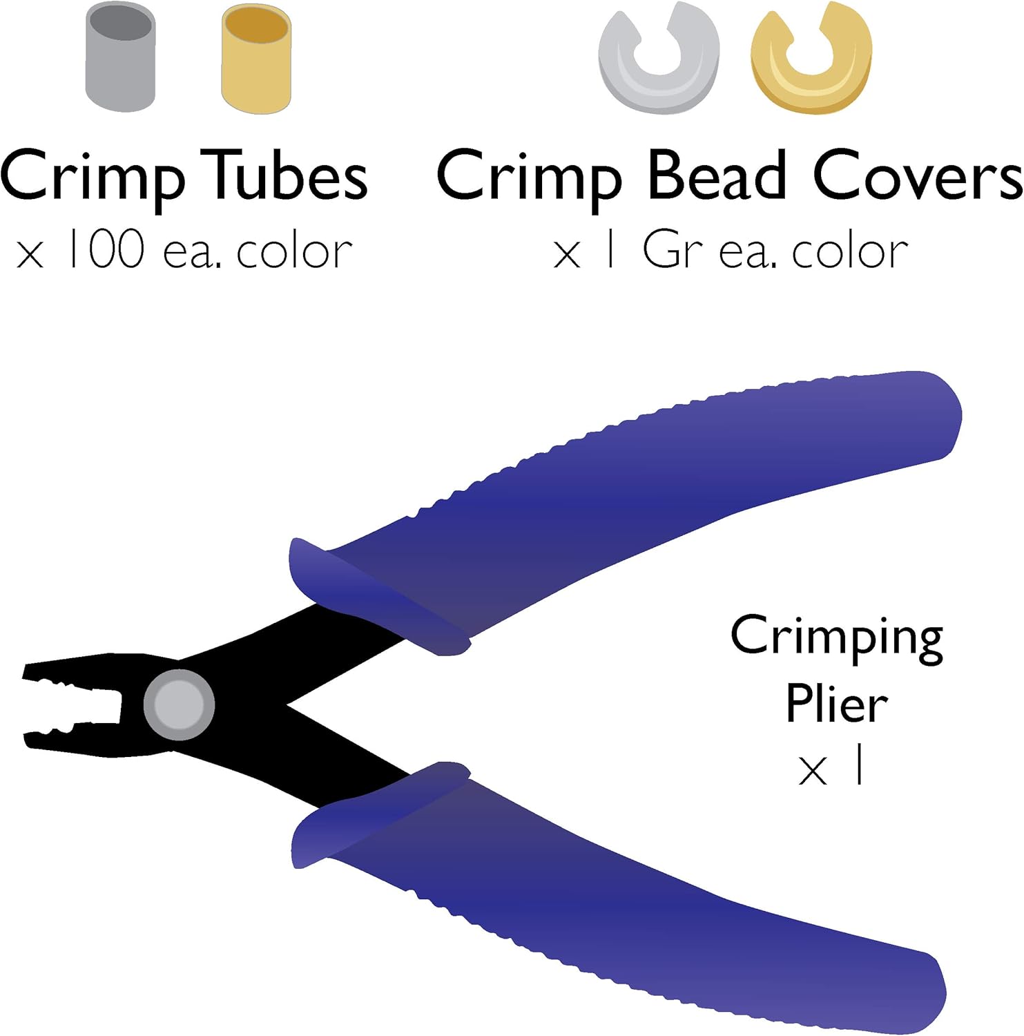 The Beadsmith Crimping Set, Crimp Forming Pliers 5-1/8', 2x2mm Crimp Tubes and 3mm Crimp Bead Covers in Silver and Gold, Create Smooth, Rounded Crimps Every Time, No Sharp Edges