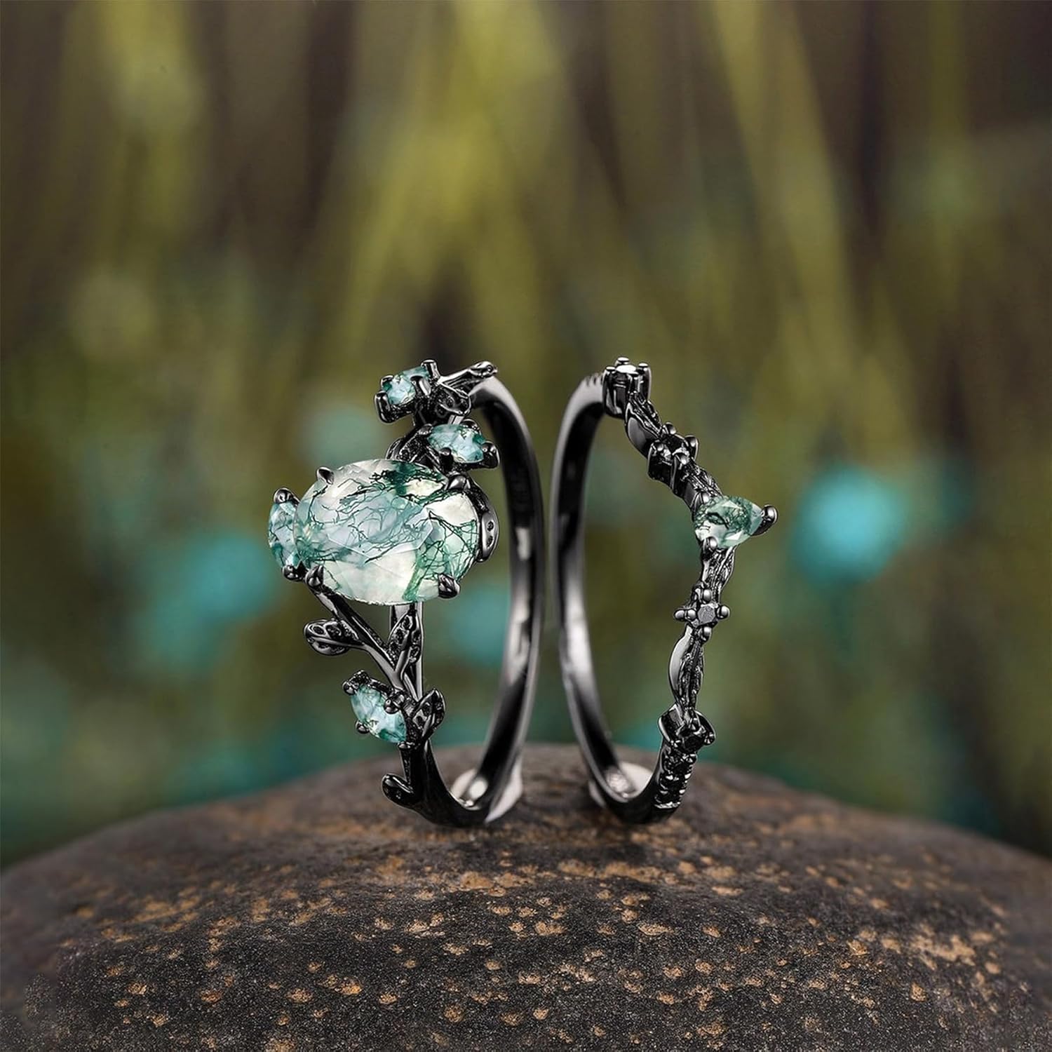 High-grade Nature Moss Agate Engagement Ring Sets for Women Art Deco Cluster Moss Agate Bridal Ring S925 Silver 10K 14K 18K Gold Vintage Inspired Promise Wedding Band - Image 3