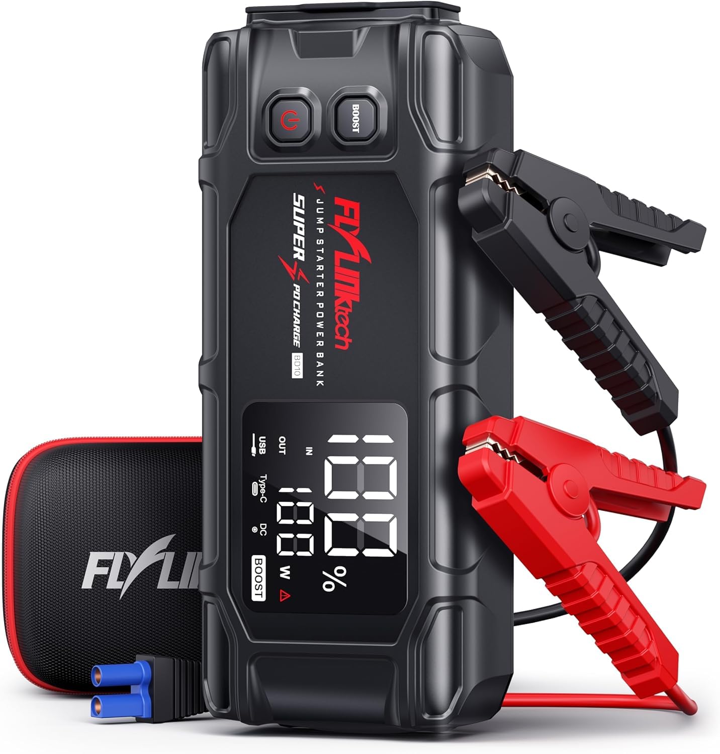 Arrancador de Baterias de Coche FLYLINKTECH 8000A(para All Gas o 12L Diesel), Arrancador Portátil con Carga Rápida de 65W, Gran Pantalla LCD y Linterna LED