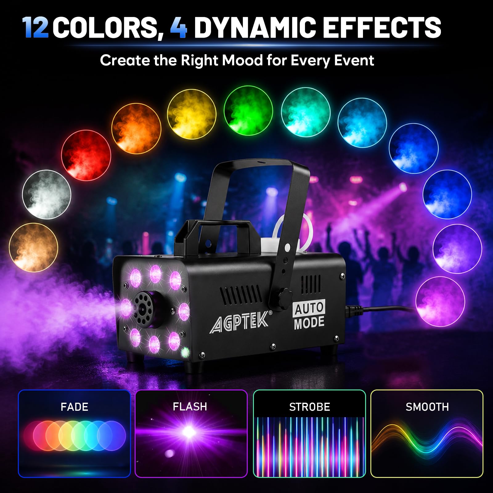 AGPTEK Fog Machine, 12 Colors, 600W Smoke Machine, Low Fluid Auto Shutoff — Amazon image 2