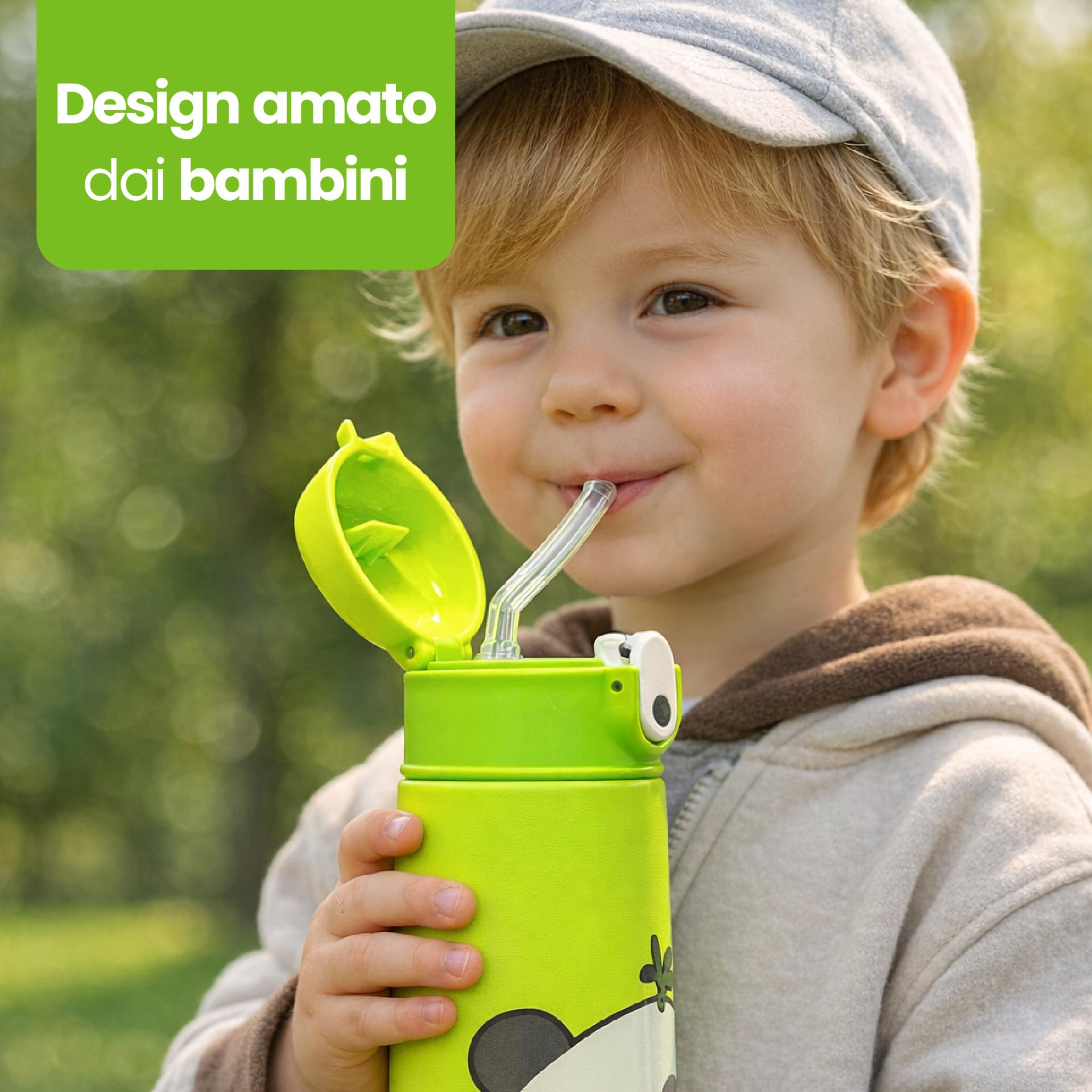Borraccia termica Tema panda 460ml Acciaio BPA free Cannuccia Mantenimento caldo 12h freddo 24h