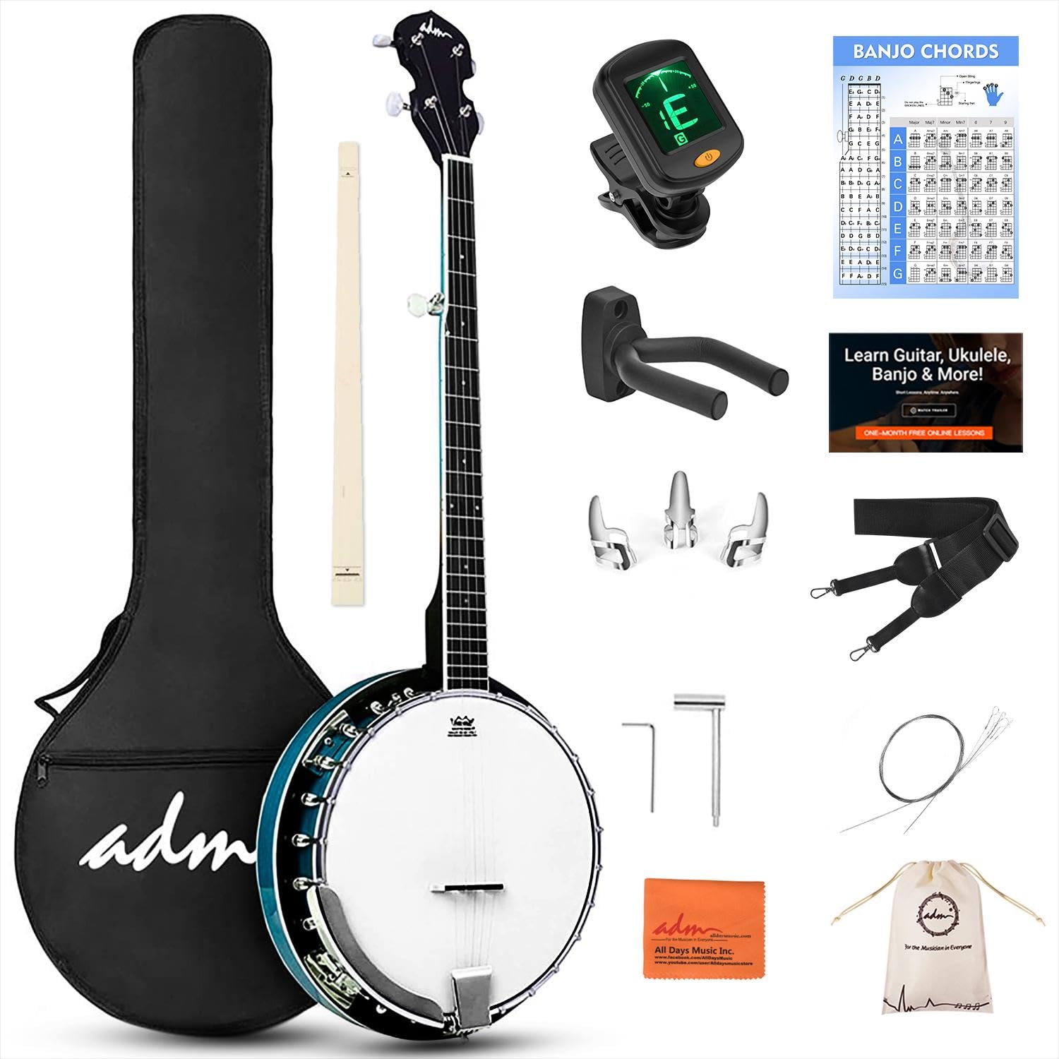 Banjo à 5 Cordes 39 Pouce Remo Peau, 24 Réglables Supports, avec Ensemble de Cordes , Médiators